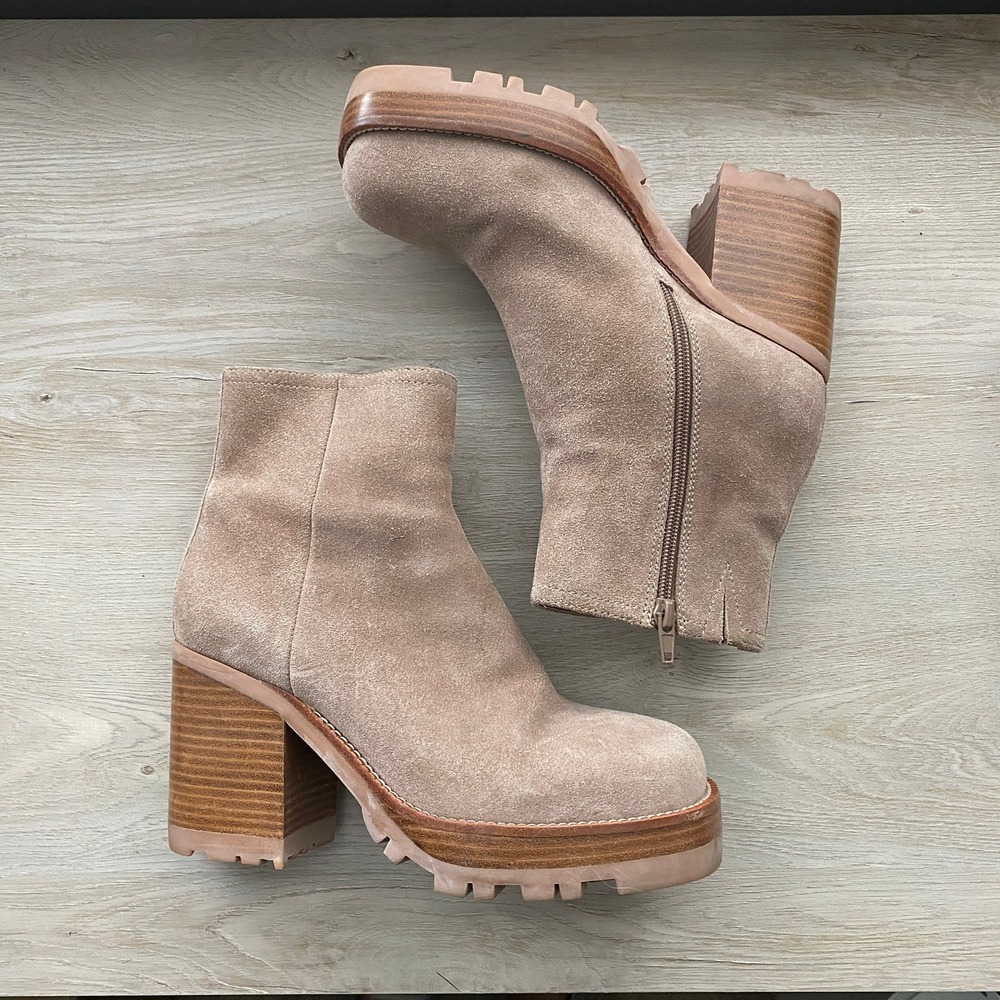 Jeffrey Campbell Momby Lug Platform Suede Boots Ankle Womens 8 Tan Heeled